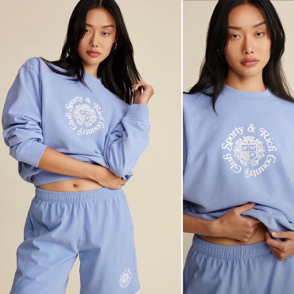 NWT Sporty & Rich Monte Carlo Crewneck Periwinkle and White